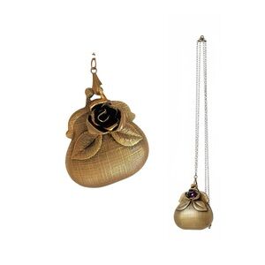 Puffy Locket Pendant Vintage Brass Purse with Rose Flower Hinged Necklace 28”